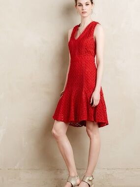Anthropologie Red V-Neck Lace Midi Dress